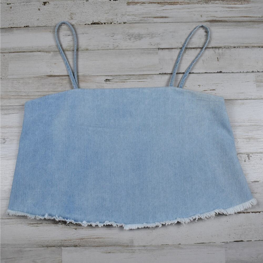 Light Blue Wash Denim Crop Tank Top Women's Small Frayed Jean Boho Y2K Festival